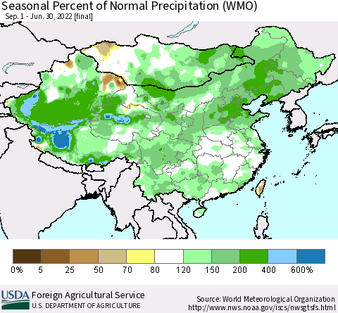 China, Mongolia and Taiwan Seasonal Percent of Normal Precipitation (WMO) Thematic Map For 9/1/2021 - 6/30/2022