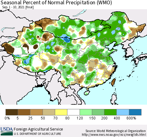 China, Mongolia and Taiwan Seasonal Percent of Normal Precipitation (WMO) Thematic Map For 9/1/2021 - 9/10/2021