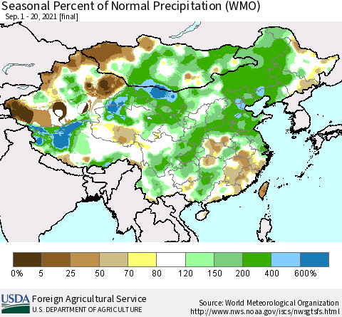 China, Mongolia and Taiwan Seasonal Percent of Normal Precipitation (WMO) Thematic Map For 9/1/2021 - 9/20/2021