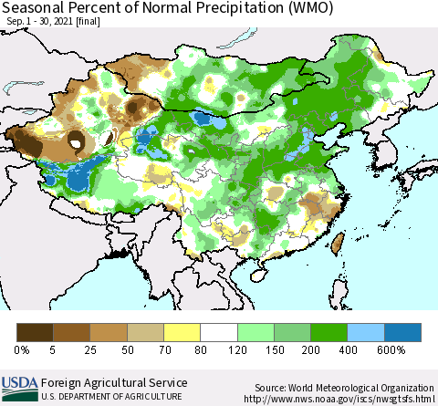 China, Mongolia and Taiwan Seasonal Percent of Normal Precipitation (WMO) Thematic Map For 9/1/2021 - 9/30/2021