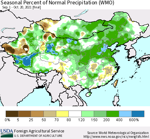 China, Mongolia and Taiwan Seasonal Percent of Normal Precipitation (WMO) Thematic Map For 9/1/2021 - 10/20/2021