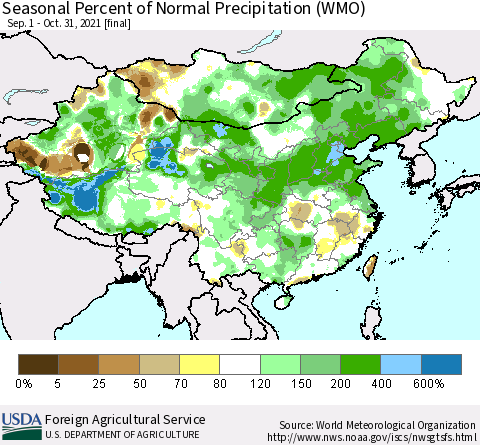 China, Mongolia and Taiwan Seasonal Percent of Normal Precipitation (WMO) Thematic Map For 9/1/2021 - 10/31/2021
