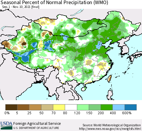 China, Mongolia and Taiwan Seasonal Percent of Normal Precipitation (WMO) Thematic Map For 9/1/2021 - 11/10/2021