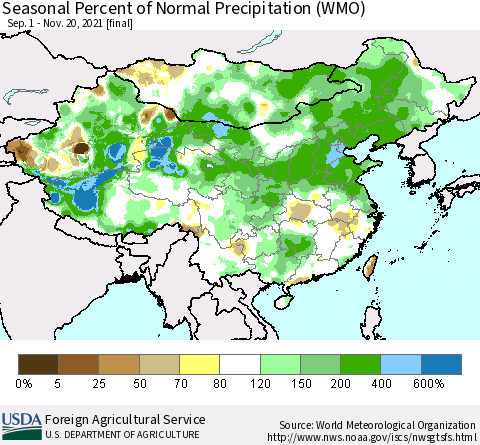China, Mongolia and Taiwan Seasonal Percent of Normal Precipitation (WMO) Thematic Map For 9/1/2021 - 11/20/2021