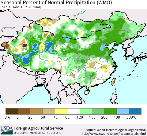 China, Mongolia and Taiwan Seasonal Percent of Normal Precipitation (WMO) Thematic Map For 9/1/2021 - 11/30/2021