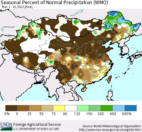 China, Mongolia and Taiwan Seasonal Percent of Normal Precipitation (WMO) Thematic Map For 3/1/2022 - 3/10/2022