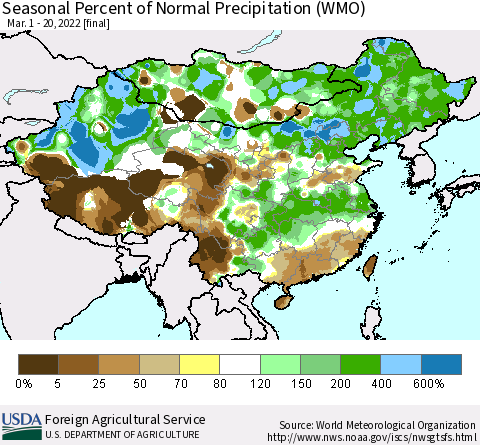 China, Mongolia and Taiwan Seasonal Percent of Normal Precipitation (WMO) Thematic Map For 3/1/2022 - 3/20/2022