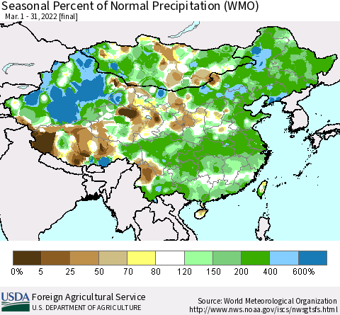 China, Mongolia and Taiwan Seasonal Percent of Normal Precipitation (WMO) Thematic Map For 3/1/2022 - 3/31/2022