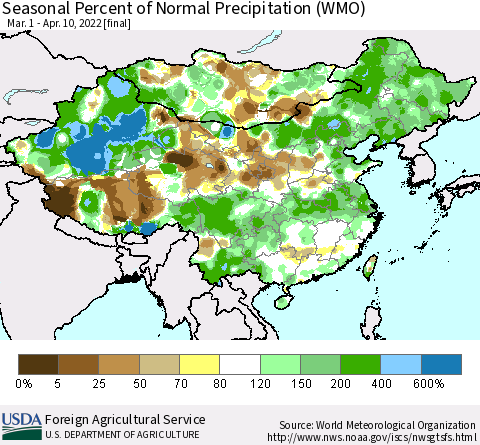 China, Mongolia and Taiwan Seasonal Percent of Normal Precipitation (WMO) Thematic Map For 3/1/2022 - 4/10/2022