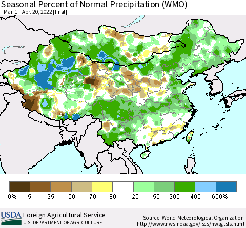 China, Mongolia and Taiwan Seasonal Percent of Normal Precipitation (WMO) Thematic Map For 3/1/2022 - 4/20/2022