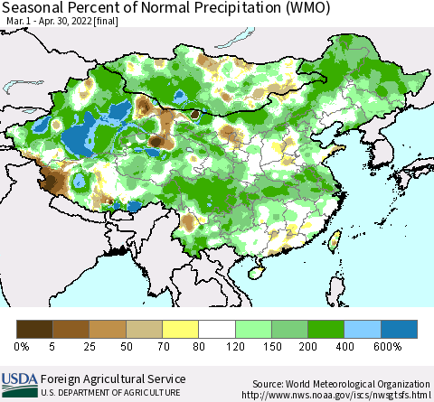 China, Mongolia and Taiwan Seasonal Percent of Normal Precipitation (WMO) Thematic Map For 3/1/2022 - 4/30/2022