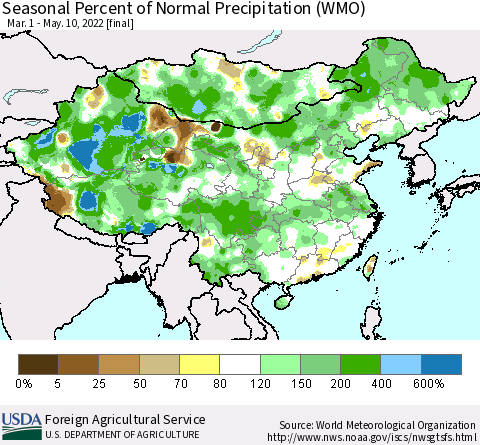 China, Mongolia and Taiwan Seasonal Percent of Normal Precipitation (WMO) Thematic Map For 3/1/2022 - 5/10/2022