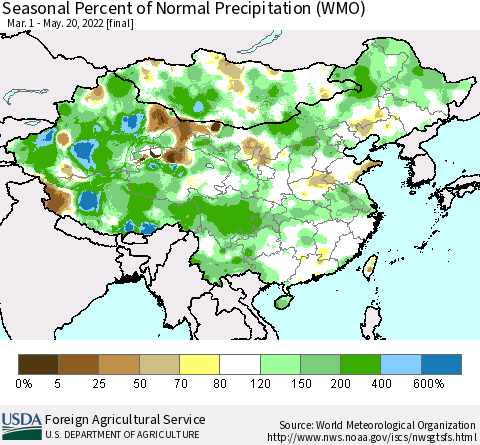 China, Mongolia and Taiwan Seasonal Percent of Normal Precipitation (WMO) Thematic Map For 3/1/2022 - 5/20/2022