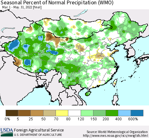 China, Mongolia and Taiwan Seasonal Percent of Normal Precipitation (WMO) Thematic Map For 3/1/2022 - 5/31/2022