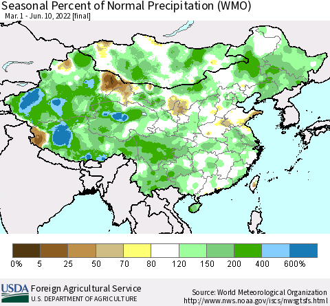 China, Mongolia and Taiwan Seasonal Percent of Normal Precipitation (WMO) Thematic Map For 3/1/2022 - 6/10/2022