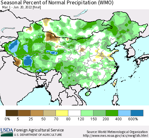 China, Mongolia and Taiwan Seasonal Percent of Normal Precipitation (WMO) Thematic Map For 3/1/2022 - 6/20/2022