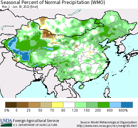 China, Mongolia and Taiwan Seasonal Percent of Normal Precipitation (WMO) Thematic Map For 3/1/2022 - 6/30/2022