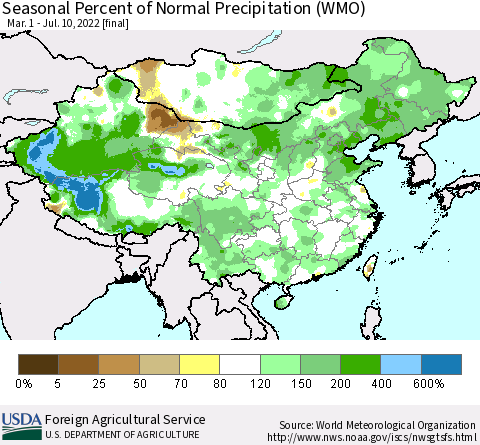China, Mongolia and Taiwan Seasonal Percent of Normal Precipitation (WMO) Thematic Map For 3/1/2022 - 7/10/2022