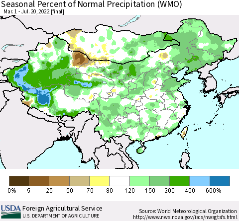 China, Mongolia and Taiwan Seasonal Percent of Normal Precipitation (WMO) Thematic Map For 3/1/2022 - 7/20/2022