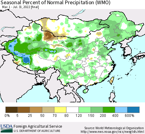 China, Mongolia and Taiwan Seasonal Percent of Normal Precipitation (WMO) Thematic Map For 3/1/2022 - 7/31/2022