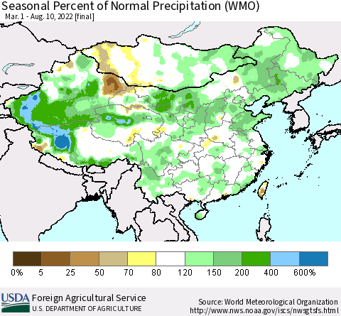 China, Mongolia and Taiwan Seasonal Percent of Normal Precipitation (WMO) Thematic Map For 3/1/2022 - 8/10/2022
