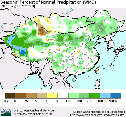 China, Mongolia and Taiwan Seasonal Percent of Normal Precipitation (WMO) Thematic Map For 3/1/2022 - 8/20/2022
