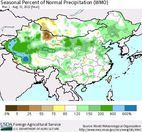 China, Mongolia and Taiwan Seasonal Percent of Normal Precipitation (WMO) Thematic Map For 3/1/2022 - 8/31/2022