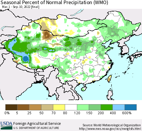 China, Mongolia and Taiwan Seasonal Percent of Normal Precipitation (WMO) Thematic Map For 3/1/2022 - 9/10/2022