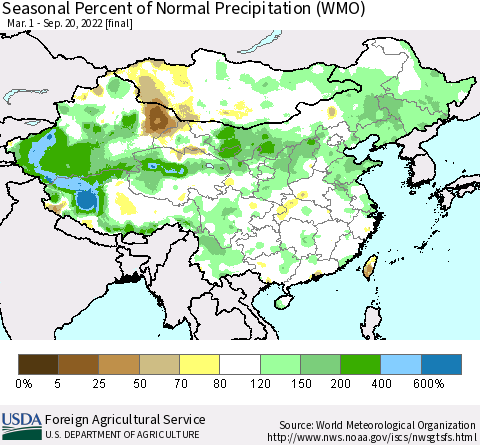 China, Mongolia and Taiwan Seasonal Percent of Normal Precipitation (WMO) Thematic Map For 3/1/2022 - 9/20/2022