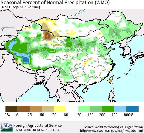 China, Mongolia and Taiwan Seasonal Percent of Normal Precipitation (WMO) Thematic Map For 3/1/2022 - 9/30/2022