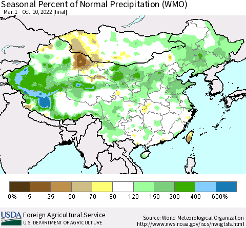 China, Mongolia and Taiwan Seasonal Percent of Normal Precipitation (WMO) Thematic Map For 3/1/2022 - 10/10/2022