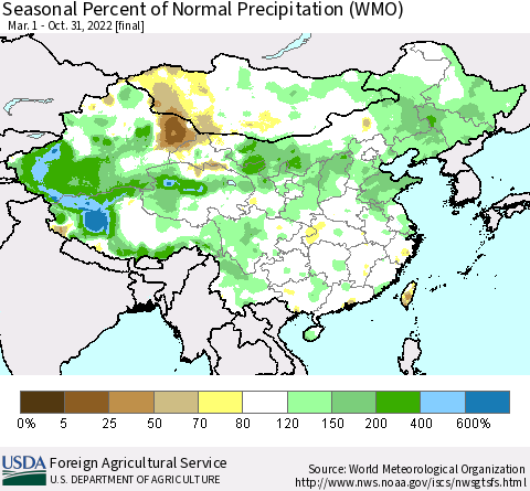 China, Mongolia and Taiwan Seasonal Percent of Normal Precipitation (WMO) Thematic Map For 3/1/2022 - 10/31/2022