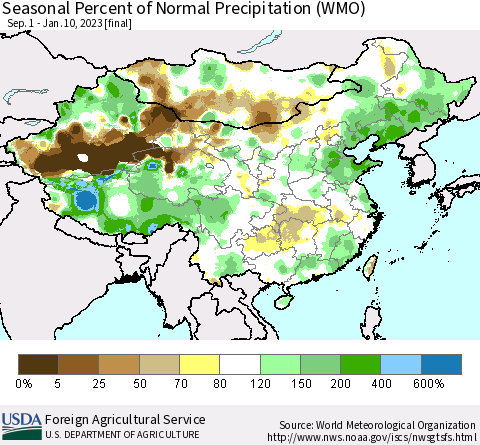China, Mongolia and Taiwan Seasonal Percent of Normal Precipitation (WMO) Thematic Map For 9/1/2022 - 1/10/2023