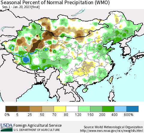 China, Mongolia and Taiwan Seasonal Percent of Normal Precipitation (WMO) Thematic Map For 9/1/2022 - 1/20/2023