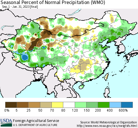 China, Mongolia and Taiwan Seasonal Percent of Normal Precipitation (WMO) Thematic Map For 9/1/2022 - 1/31/2023