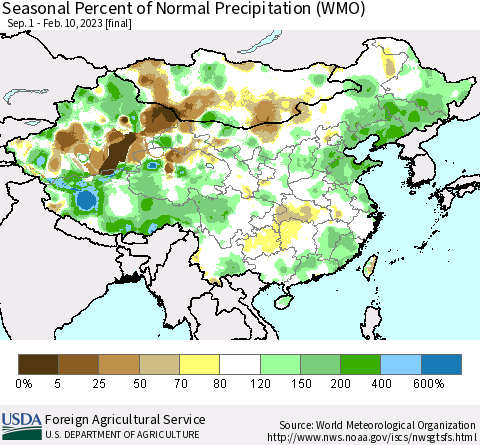 China, Mongolia and Taiwan Seasonal Percent of Normal Precipitation (WMO) Thematic Map For 9/1/2022 - 2/10/2023
