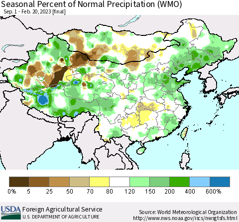 China, Mongolia and Taiwan Seasonal Percent of Normal Precipitation (WMO) Thematic Map For 9/1/2022 - 2/20/2023