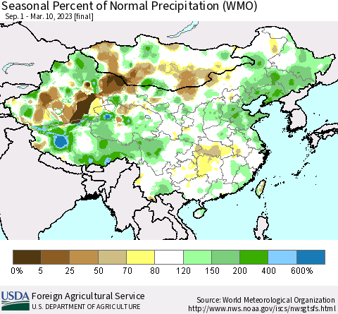 China, Mongolia and Taiwan Seasonal Percent of Normal Precipitation (WMO) Thematic Map For 9/1/2022 - 3/10/2023
