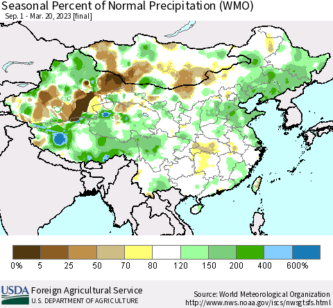China, Mongolia and Taiwan Seasonal Percent of Normal Precipitation (WMO) Thematic Map For 9/1/2022 - 3/20/2023