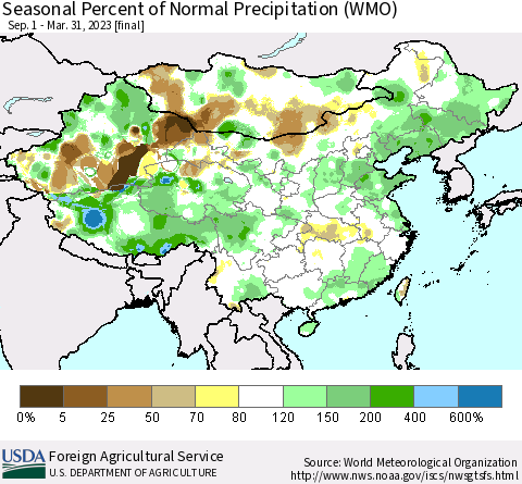 China, Mongolia and Taiwan Seasonal Percent of Normal Precipitation (WMO) Thematic Map For 9/1/2022 - 3/31/2023
