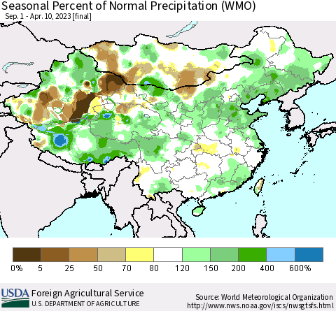 China, Mongolia and Taiwan Seasonal Percent of Normal Precipitation (WMO) Thematic Map For 9/1/2022 - 4/10/2023