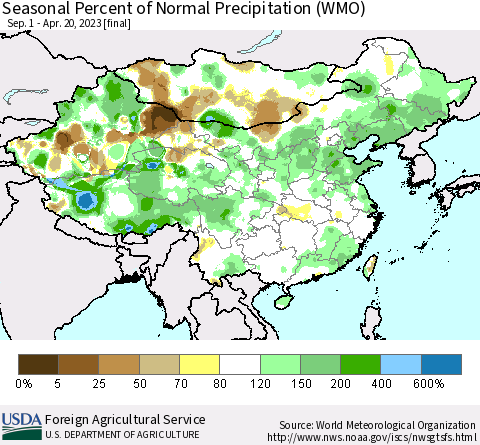 China, Mongolia and Taiwan Seasonal Percent of Normal Precipitation (WMO) Thematic Map For 9/1/2022 - 4/20/2023