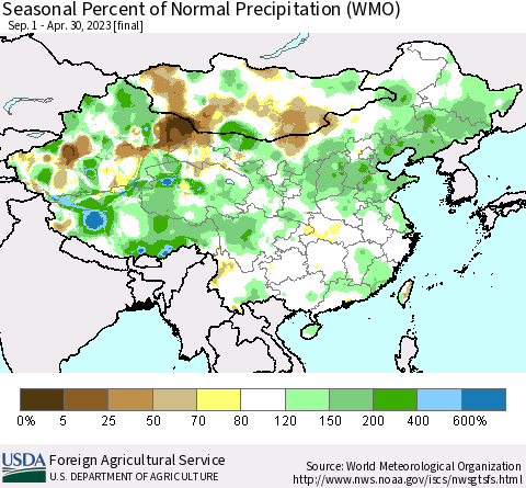 China, Mongolia and Taiwan Seasonal Percent of Normal Precipitation (WMO) Thematic Map For 9/1/2022 - 4/30/2023