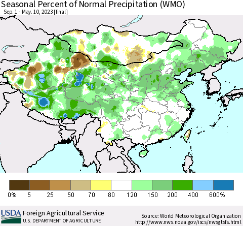 China, Mongolia and Taiwan Seasonal Percent of Normal Precipitation (WMO) Thematic Map For 9/1/2022 - 5/10/2023