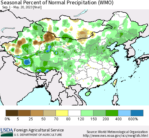 China, Mongolia and Taiwan Seasonal Percent of Normal Precipitation (WMO) Thematic Map For 9/1/2022 - 5/20/2023