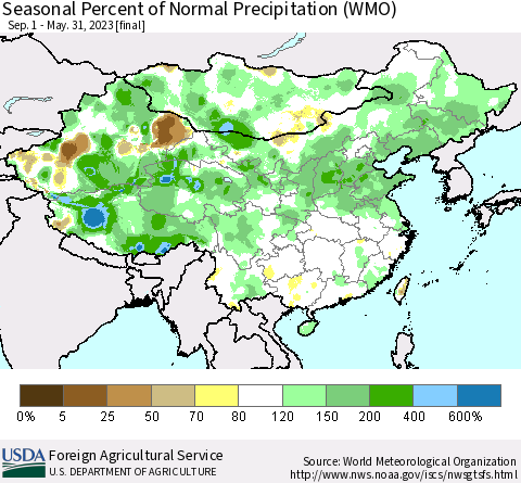 China, Mongolia and Taiwan Seasonal Percent of Normal Precipitation (WMO) Thematic Map For 9/1/2022 - 5/31/2023