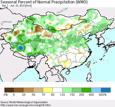 China, Mongolia and Taiwan Seasonal Percent of Normal Precipitation (WMO) Thematic Map For 9/1/2022 - 6/10/2023