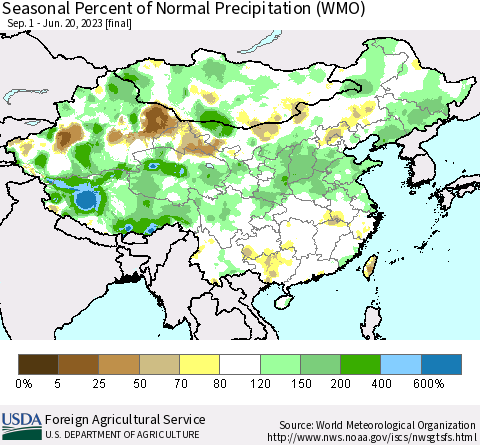China, Mongolia and Taiwan Seasonal Percent of Normal Precipitation (WMO) Thematic Map For 9/1/2022 - 6/20/2023