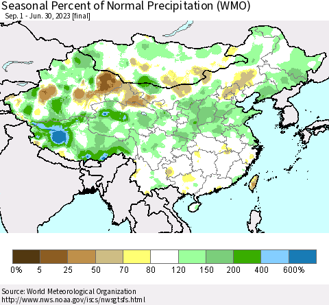 China, Mongolia and Taiwan Seasonal Percent of Normal Precipitation (WMO) Thematic Map For 9/1/2022 - 6/30/2023