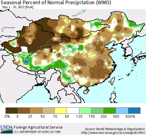 China, Mongolia and Taiwan Seasonal Percent of Normal Precipitation (WMO) Thematic Map For 9/1/2022 - 9/10/2022